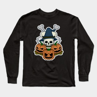 Halloween : Skull with Hat Wizard and Pumpkin Emoji Long Sleeve T-Shirt